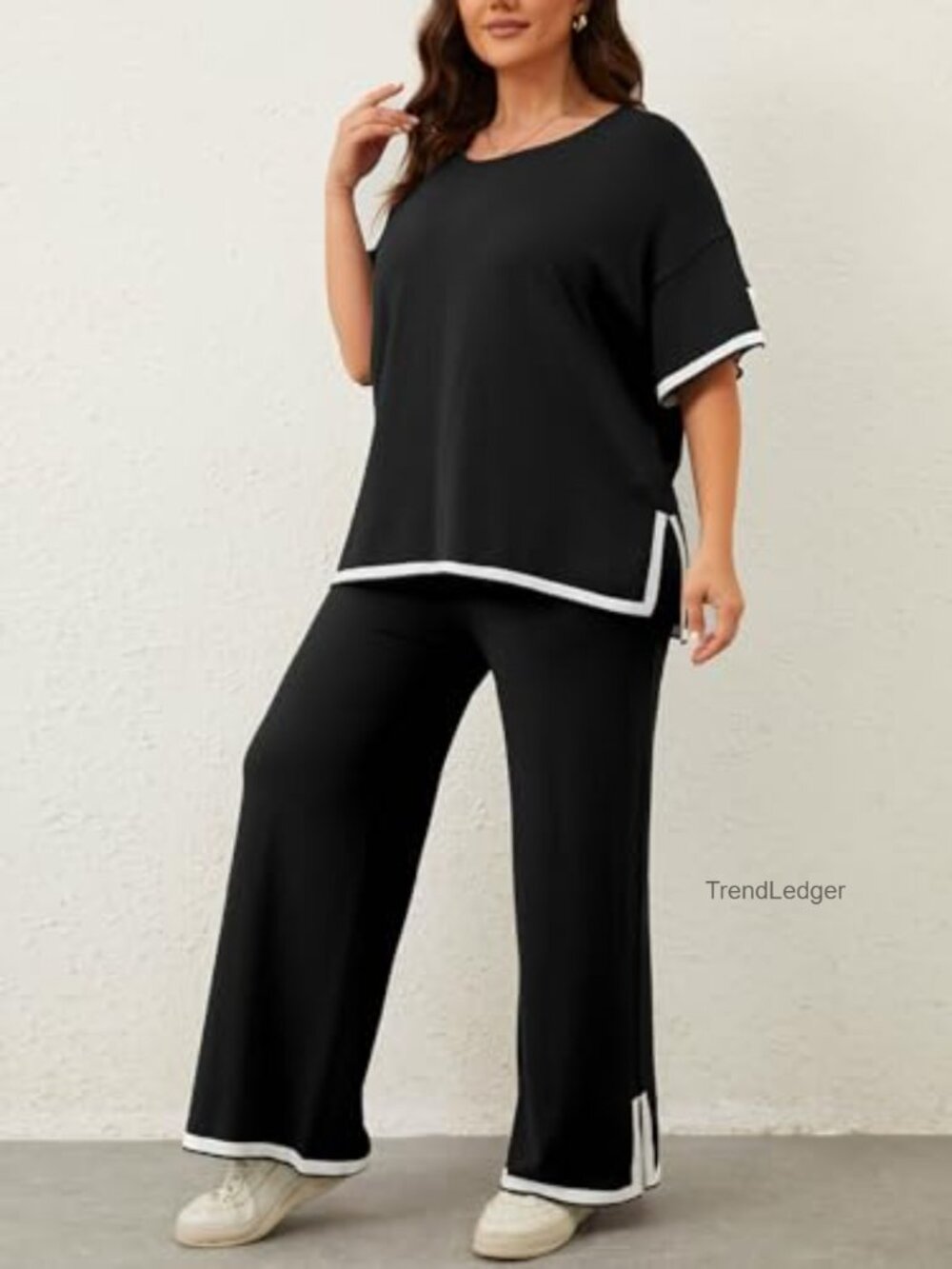 Plus Size 2 Piece Lounge Set Short Sleeve Wide Leg Pants Travel Outfits - Picture 4 of 7